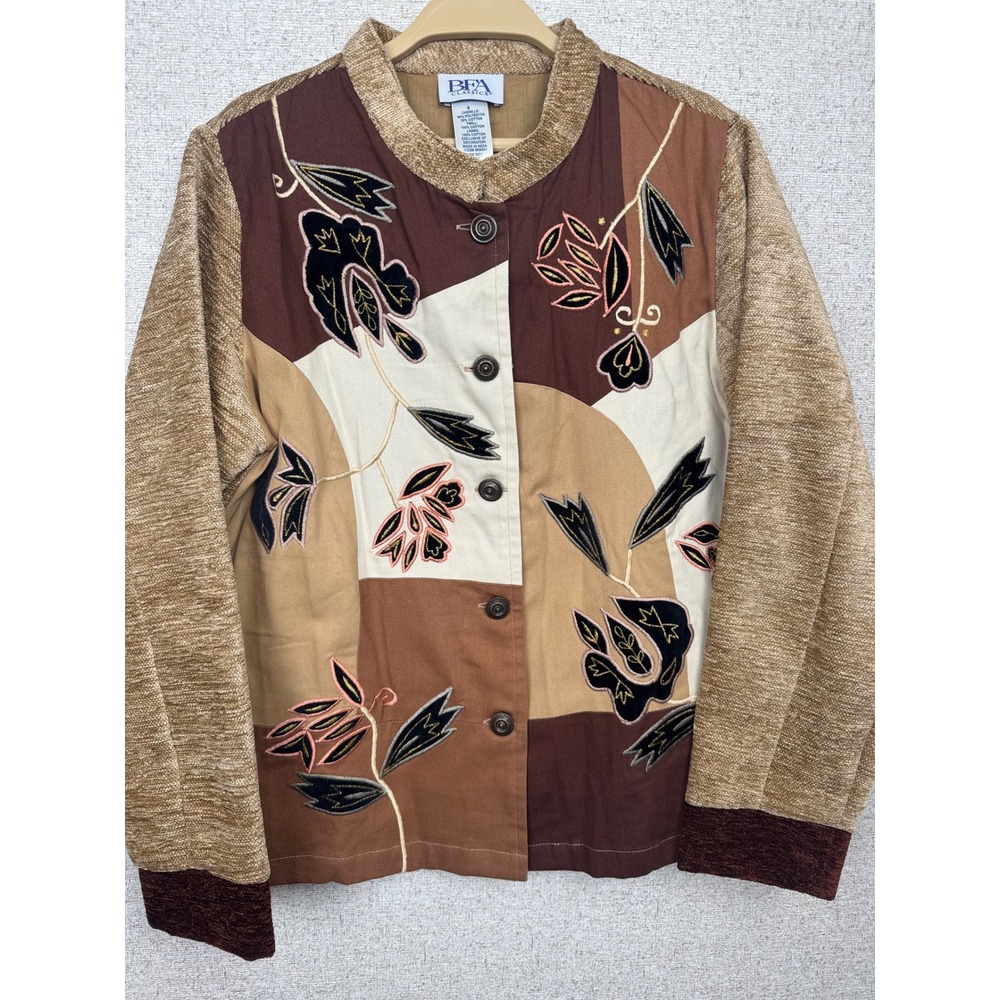 Vintage BFA Classics Chenille and Appliqué Patchwork Jacket 8 Brown Camel Cream